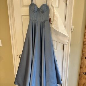 A line spaghetti strap satin corset slit prom dress dusty blue